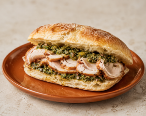 Warme ciabatta gevuld met porchetta, groene peterseliesaus en dun geschaafde venkel