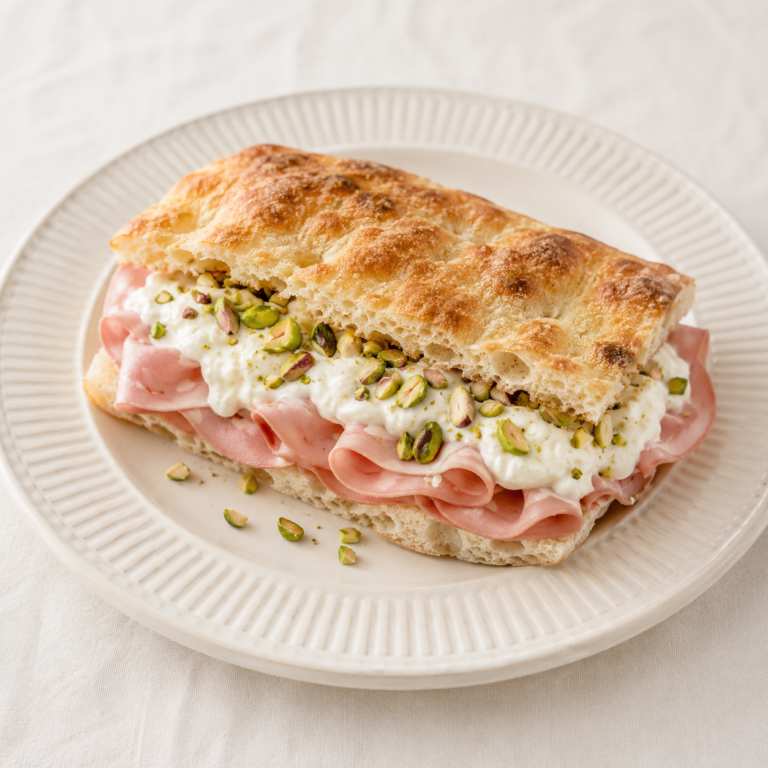 Schiacciata met mortadella, stracciatella, geschaafde venkel en geroosterde pistachenoten