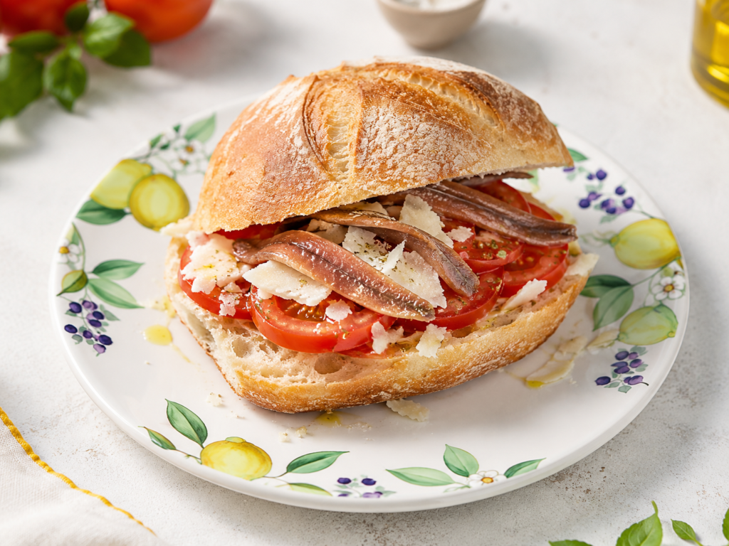 Siciliaans pane cunzato met tomaat, pecorino, ansjovis, kappertjes en oregano