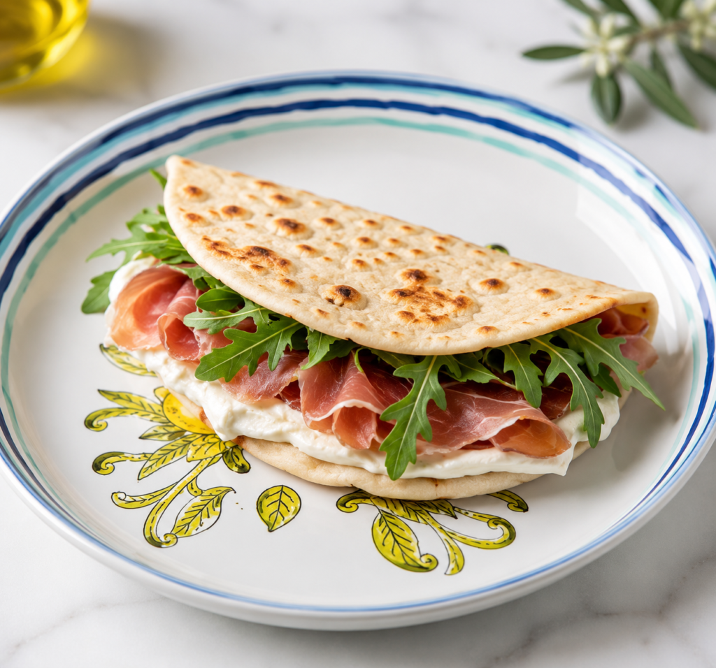 Warme piadina met prosciutto crudo, squacquerone, tomaat en verse rucola