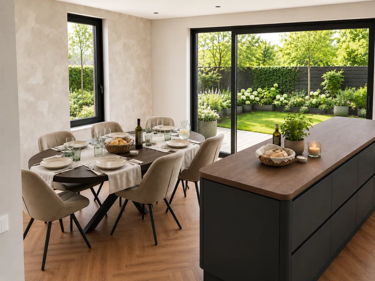 Gedekte eettafel met linnen loper, beige borden en lichtgroene glazen naast een kookeiland