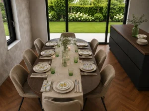 Italiaanse tafel gedekt in beige en gebroken wit met lichtgroen glas