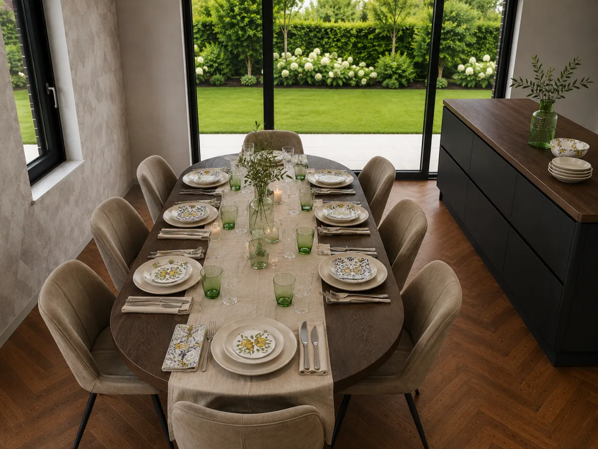 Een Italiaanse tafel in beige en lichtgroen