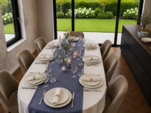 Gedekte tafel met wit damast tafelkleed, blauwe linnen loper en Wedgwood Edme borden