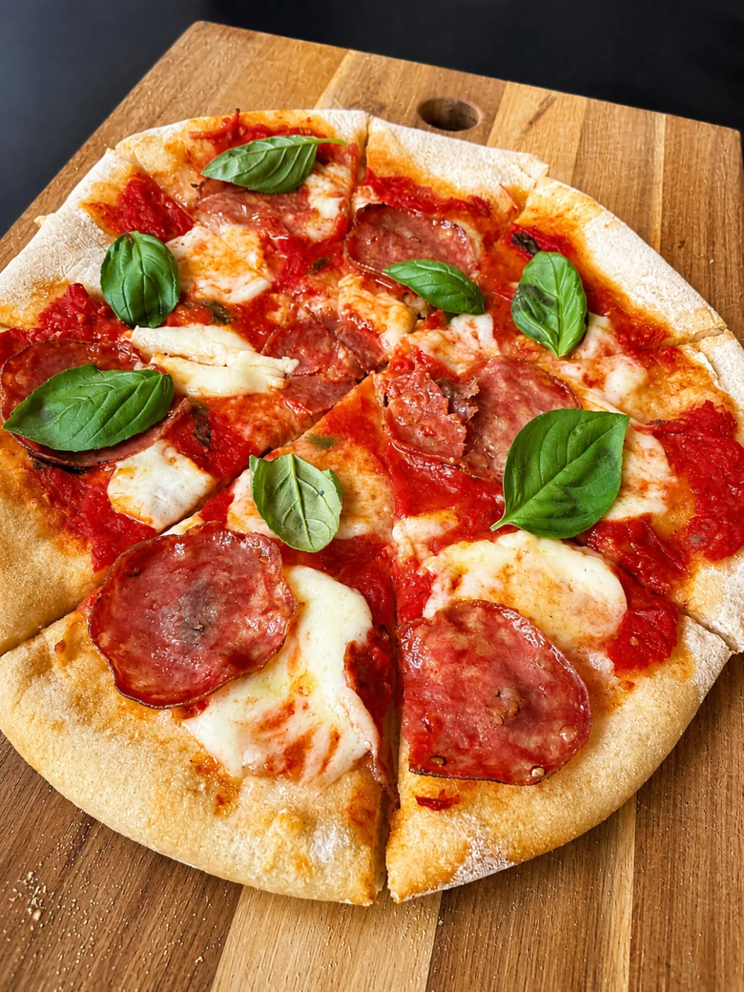Pizza Ventricina met salami, mozzarella di bufala en stracciatella, vers uit de oven
