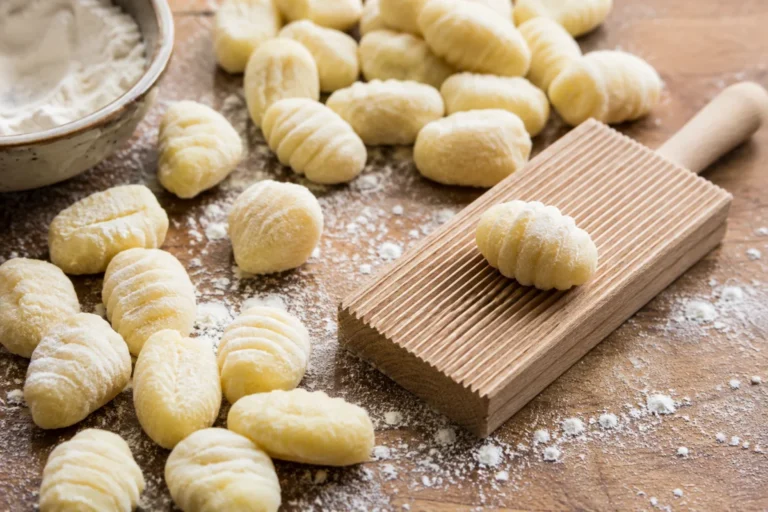 Zelfgemaakte verse gnocchi op een met bloem bestoven werkblad